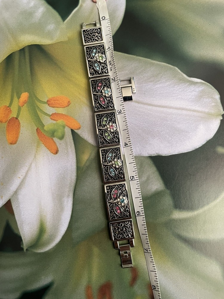 Rectangle Panel Filigree Floral Multicoloured Crystal Statement Bracelet 7”-7.5”