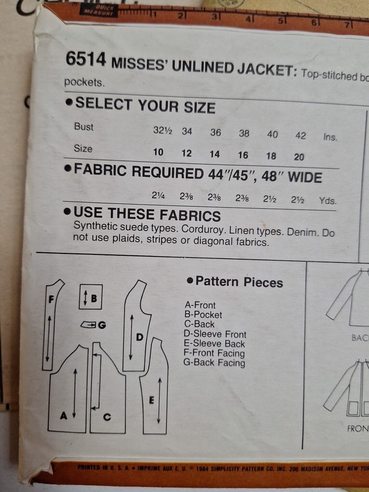 Cardigan Blazer Jacket 16 Simplicity 6514 Sewing Pattern VTG Beginners Level 3