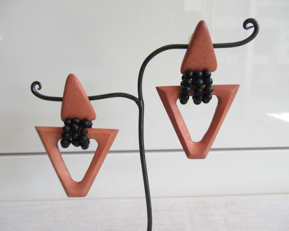 RUNWAY LARGE WOOD DOUBLE TRIANGLE DANGLE DROP PIERCED EARRINGS STATEMENT 3" H