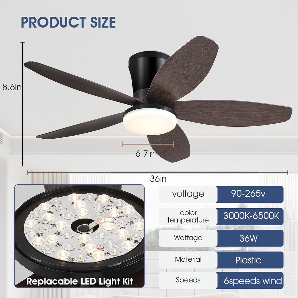 Modern 36" Ceiling Fan with Light & Remote - Low Profile, Dimmable, Brown