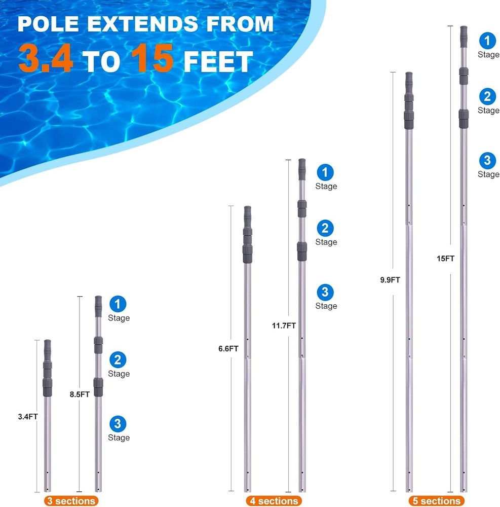15ft Telescoping Pool Pole Adjustable for Skimmer Brush Vacuum