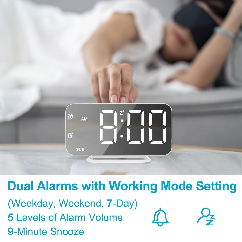 Slim LED Digital Alarm Clock, Mirror Surface for Makeup, with Diming, Large D...