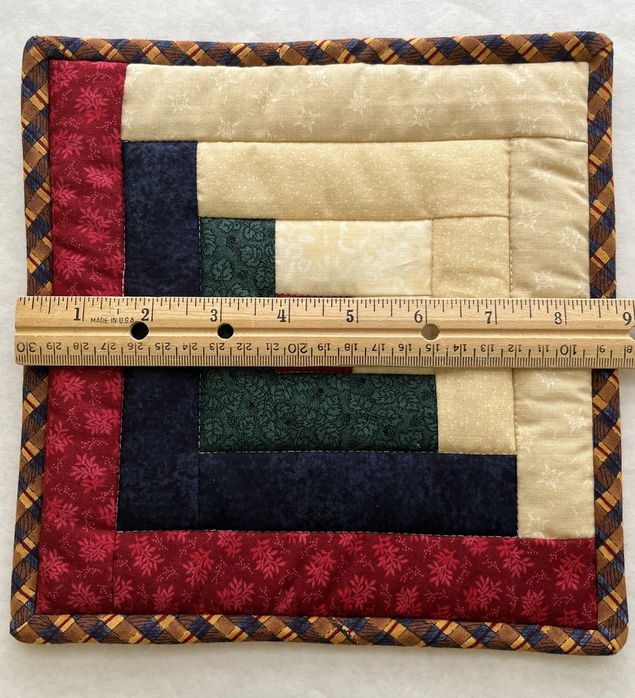 Patchwork Quilt Table Topper Log Cabin Leaves Red Blue Green Tan 9x9