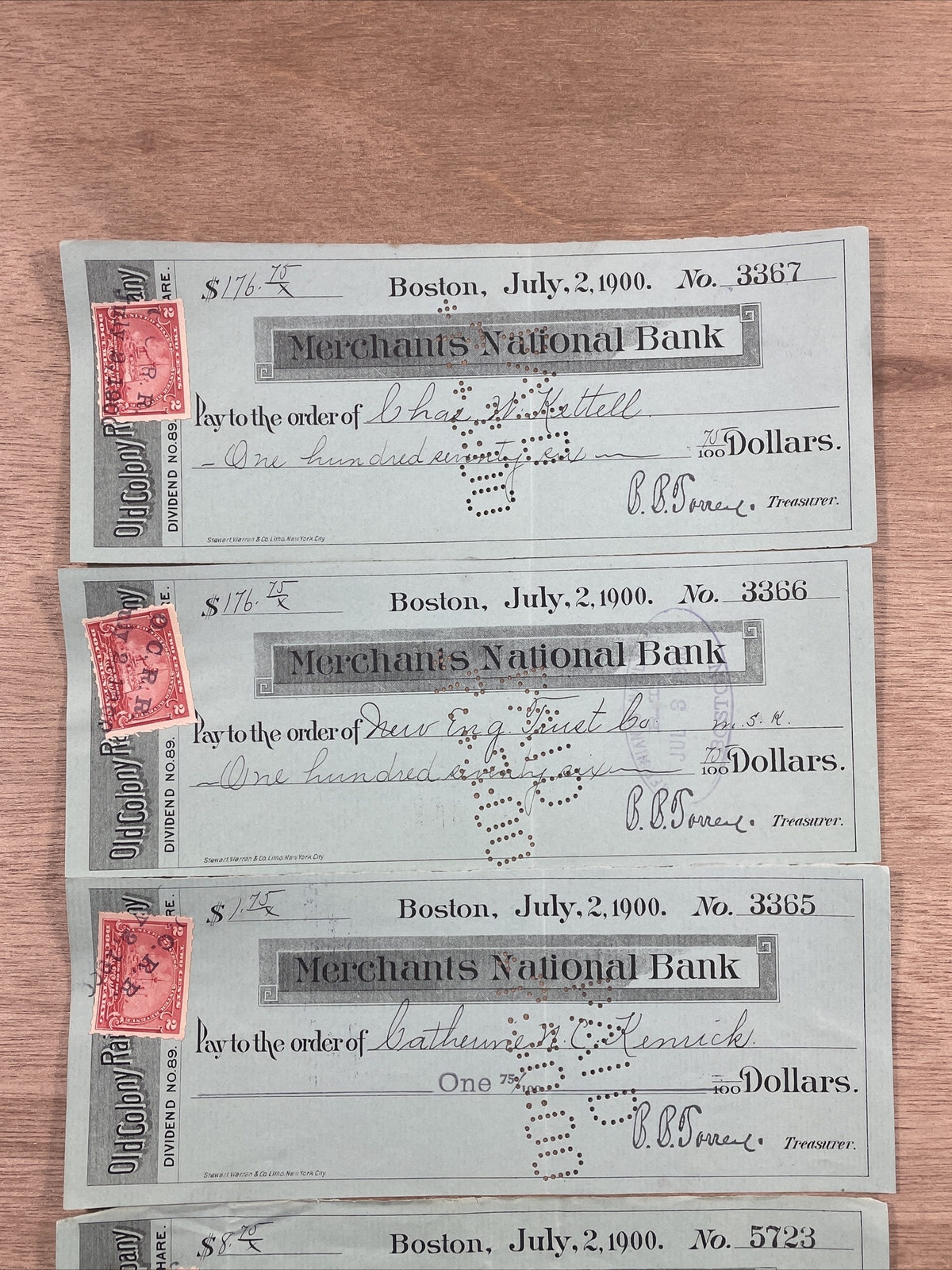 4 Vintage 1900 Merchants National Bank Boston Canceled Checks 2 Cent Stamps