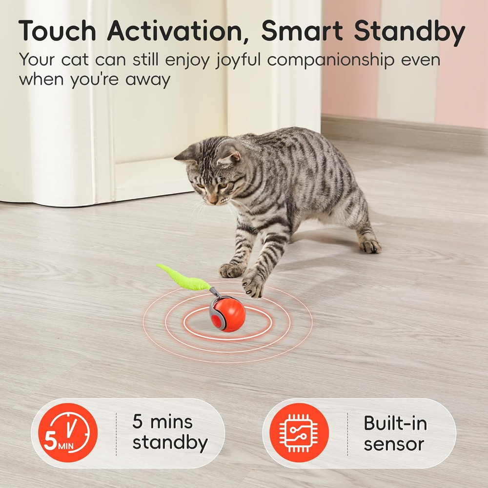 Orange Interactive Cat Toy Moving Rolling Ball Feather Tail Rechargeable Kitten