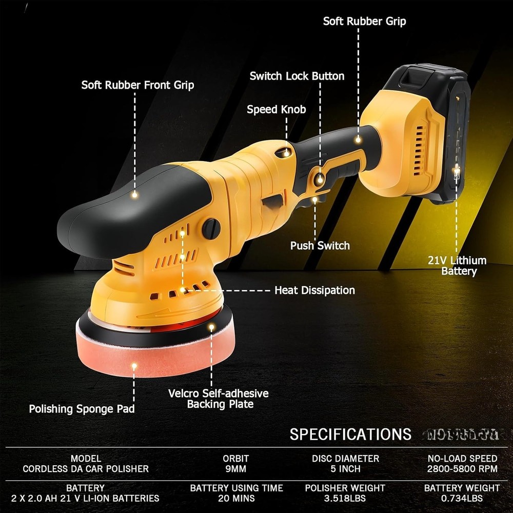 Wireless Car Polisher Kit, Includes 2 x 2000mAh 21V Batteries