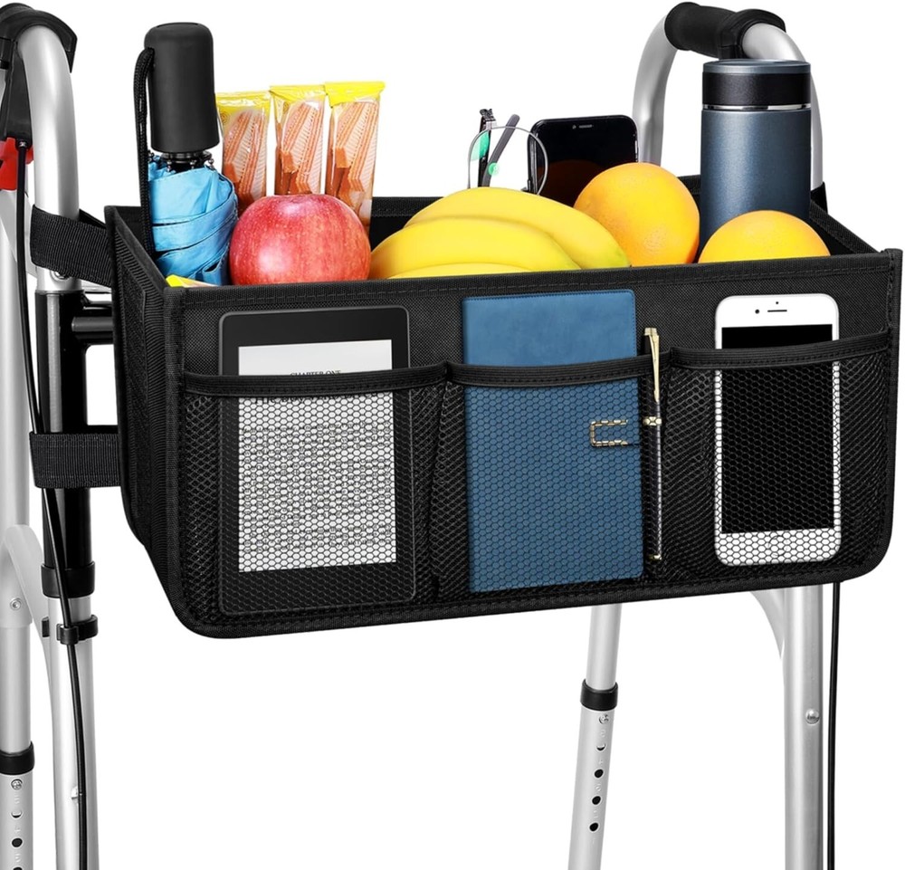 Black Foldable Walker Basket with Extra Mesh Pockets – Perfect Gift for Seniors