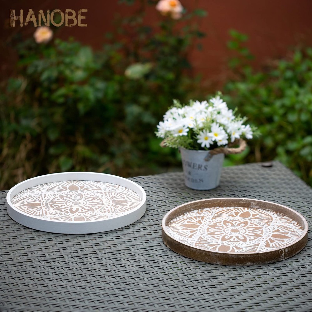 Round Decorative Tray for Table: Boho Coffee Table Trays for Home Decor - Mid...