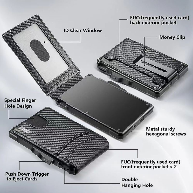 Men's Slim PopUp Bifold Carbon Fiber Wallet, RFID Blocking, Money Clip, Men Gift
