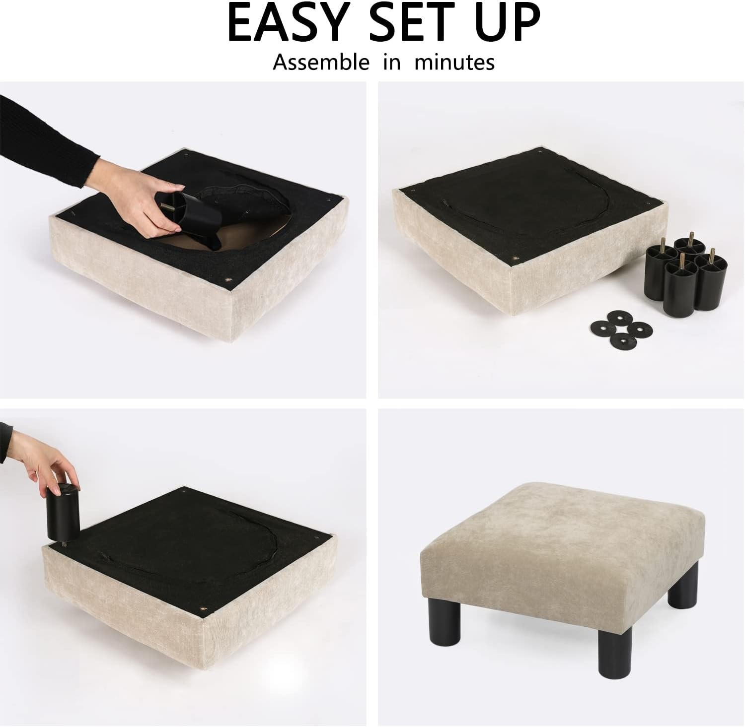 Compact Square Fabric Footstool Ottoman 15" Wheat Mid-Century Modern Desk Accent