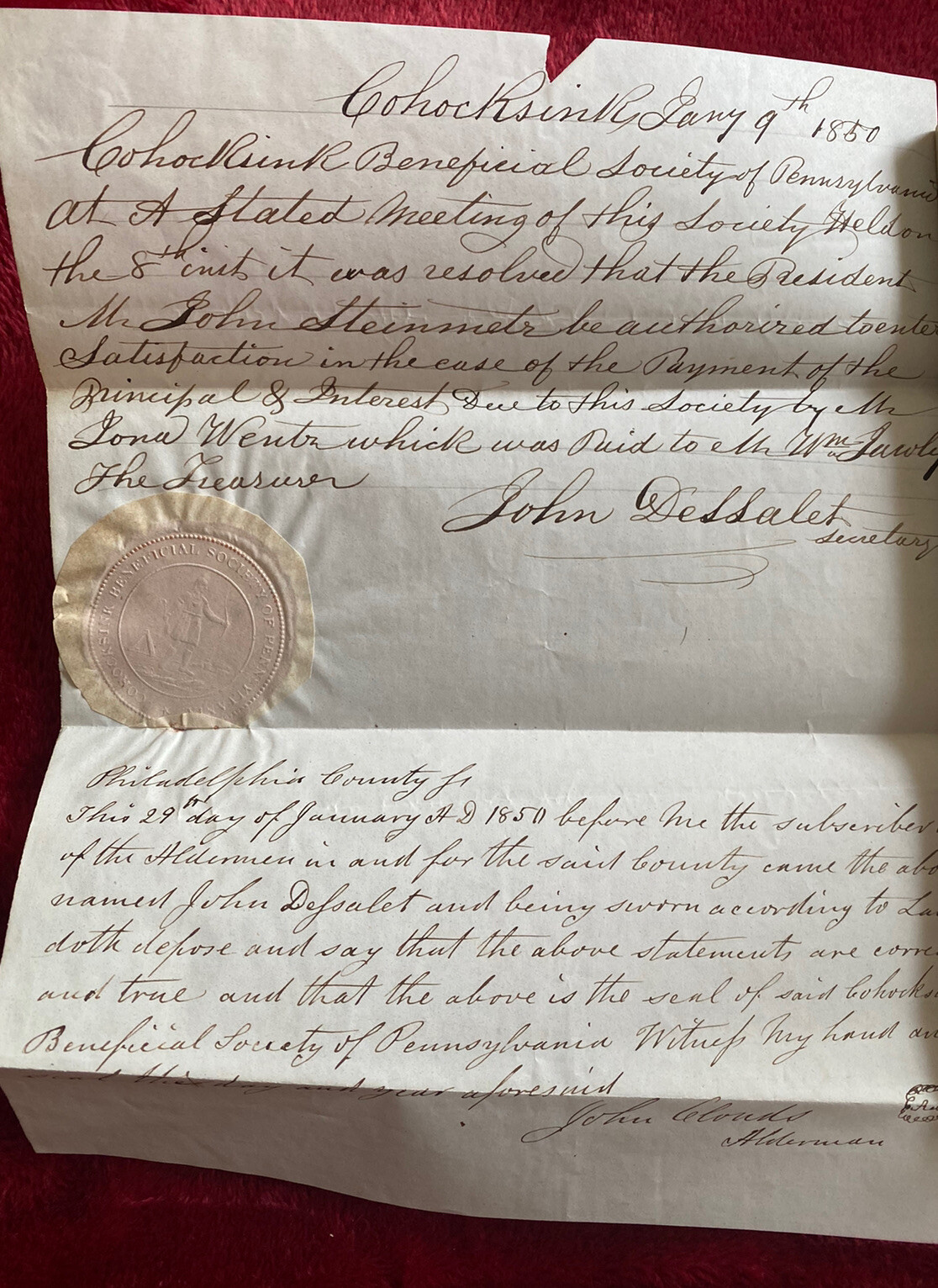 Antique 19th Century 1851 Cohocksink Beneficial Society Pennsylvania Judgement