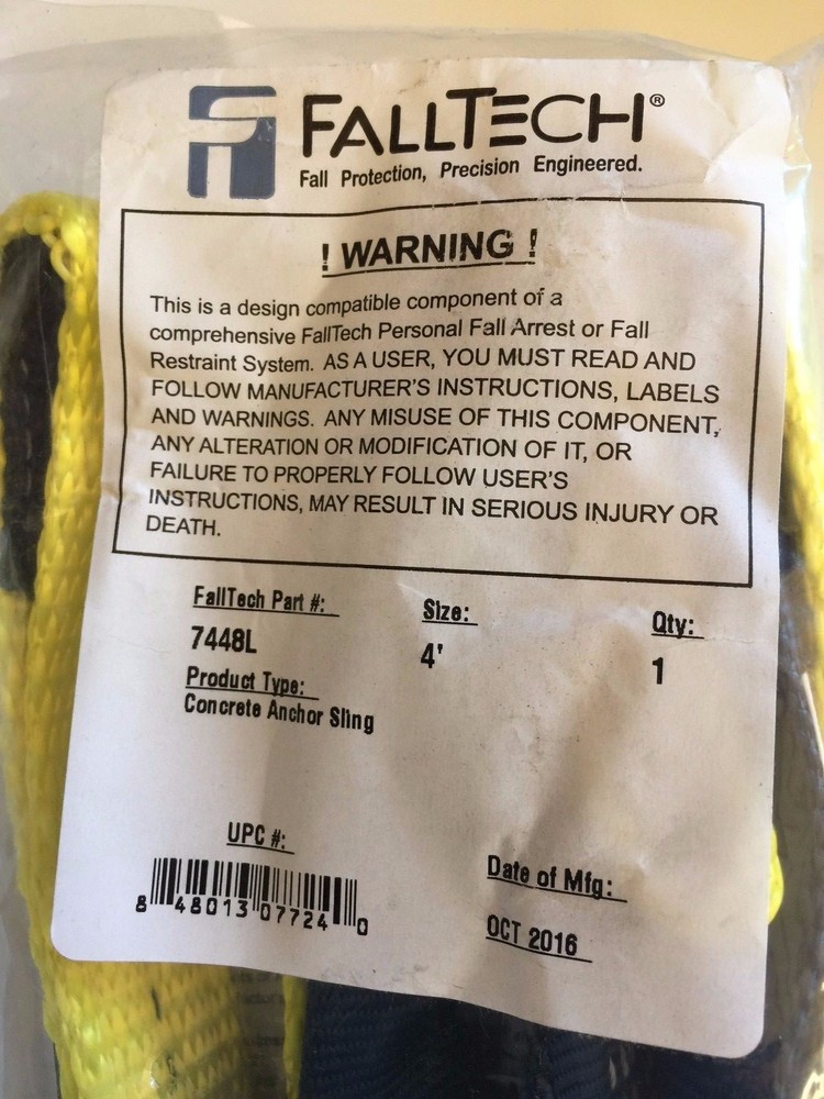 Falltech 7448L 4' Web Embed Concrete Anchor Sling w/Dual Loops Brand NEW