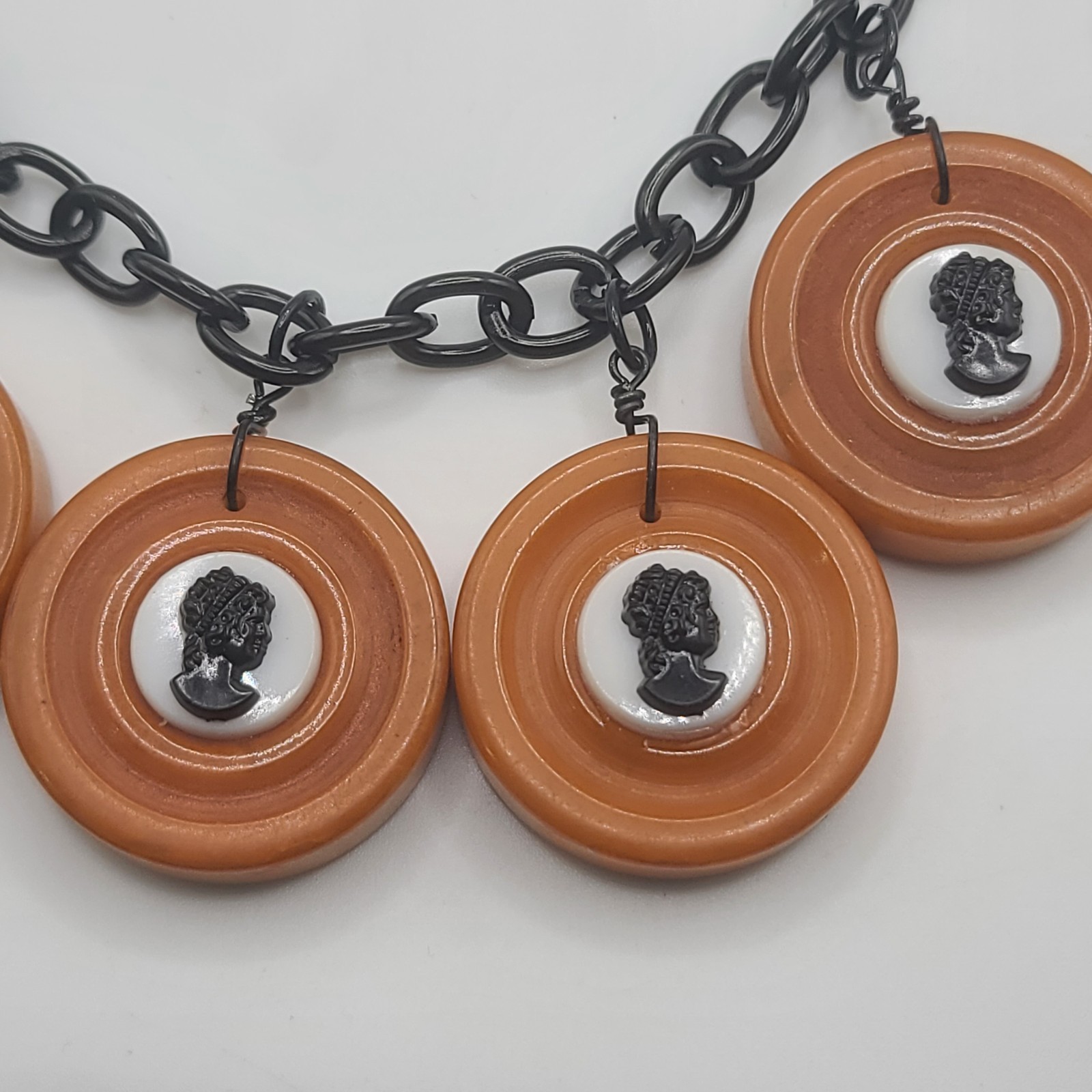 Vintage Bakelite Necklace Cameo Disc Butterscotch Black READ 24"
