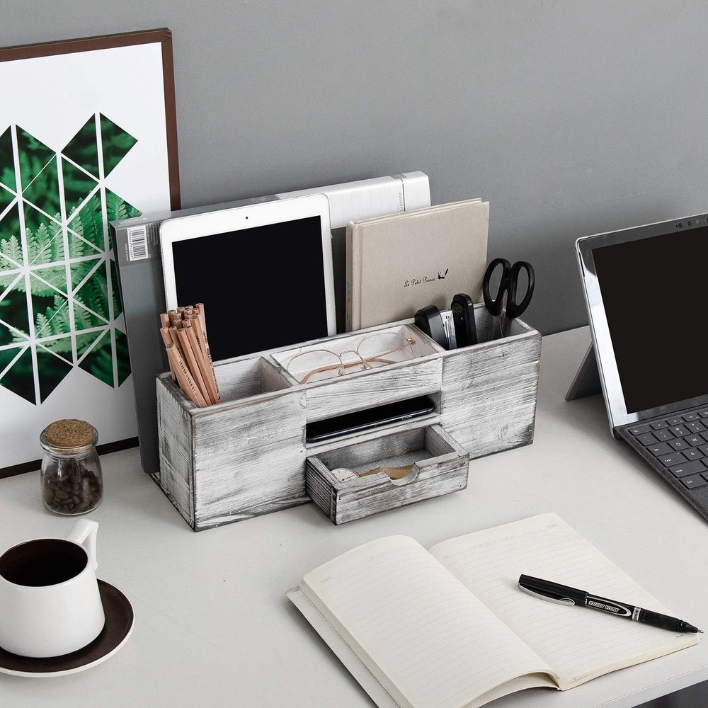 Liry Products Whitewashed Wooden Desktop Organizer Multiple Compartments Rack...