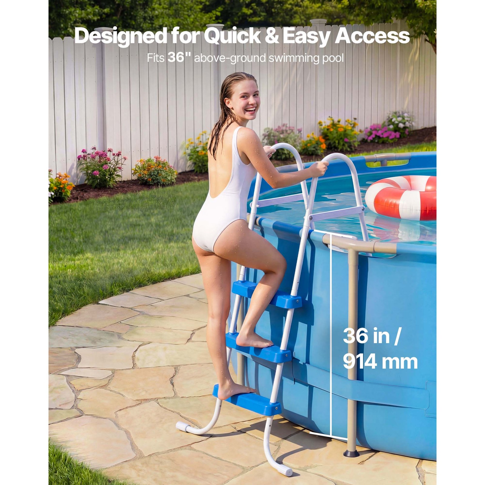 Uimoso 3-Step Steel A-Frame Pool Ladder for 36in Wall, 300lbs Capacity