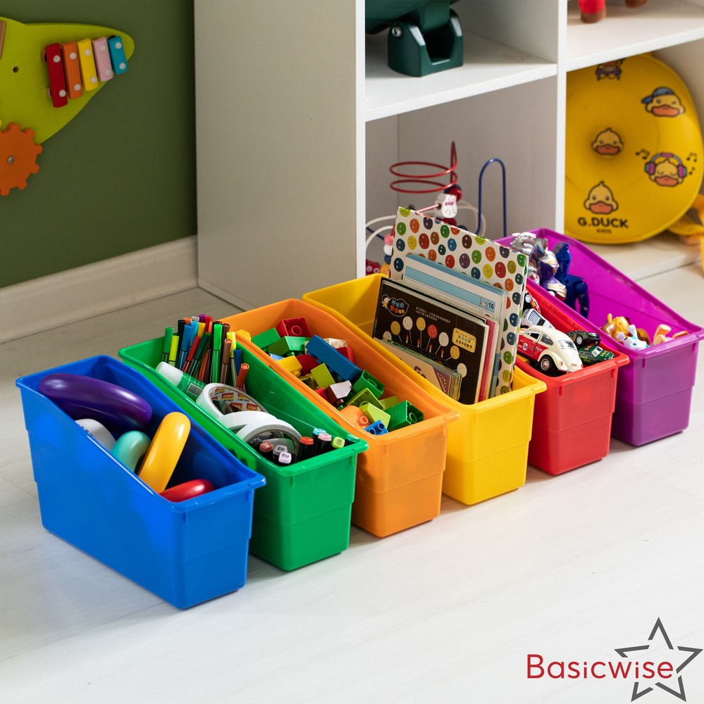 New Basicwise 6-pc Assorted Color Plastic Storage Bins Versatile Book Magazine