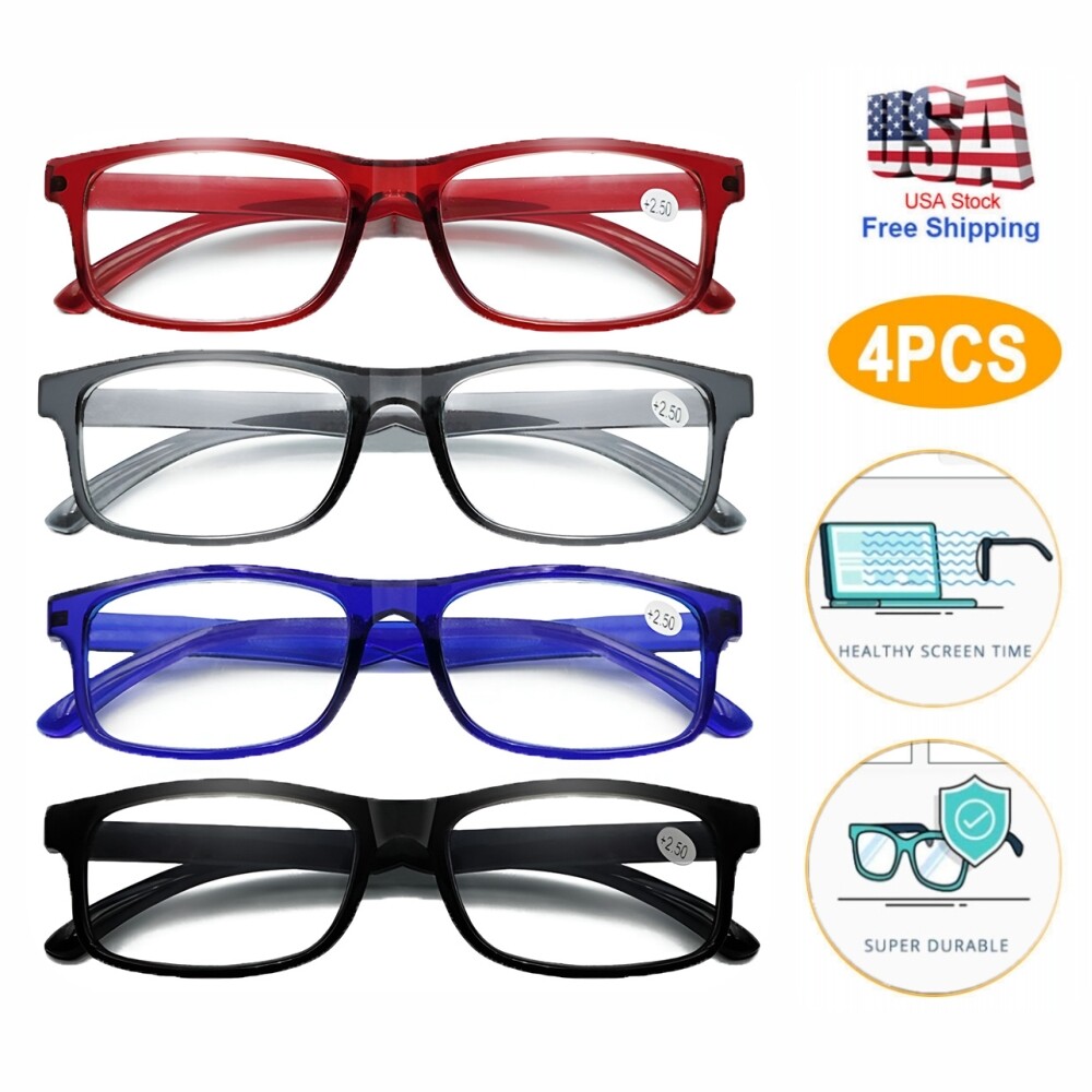 4 PK Mens Rectangular Blue Light Blocking Reading Glasses Unisex Readers