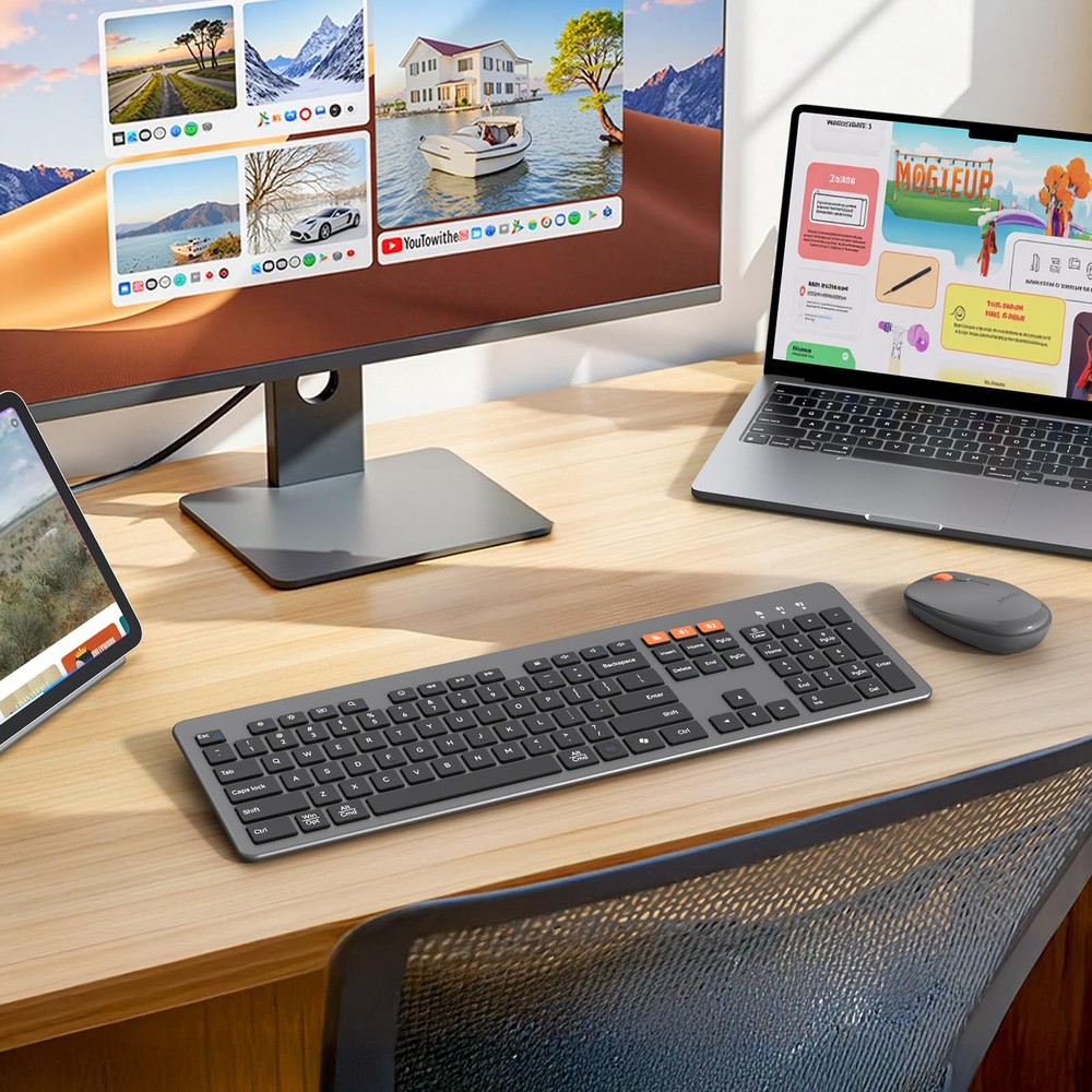 Ultra Slim Wireless Multi-Device Bluetooth Keyboard with Low-Profile Mouse