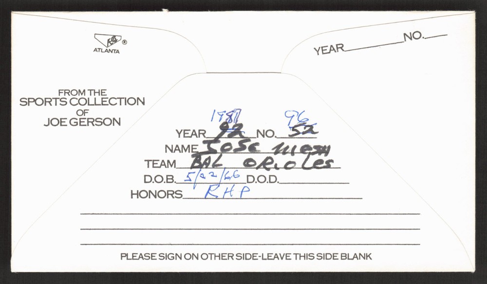 José Mesa Signed Baseball Postal Envelope Baltimore Orioles Autograph