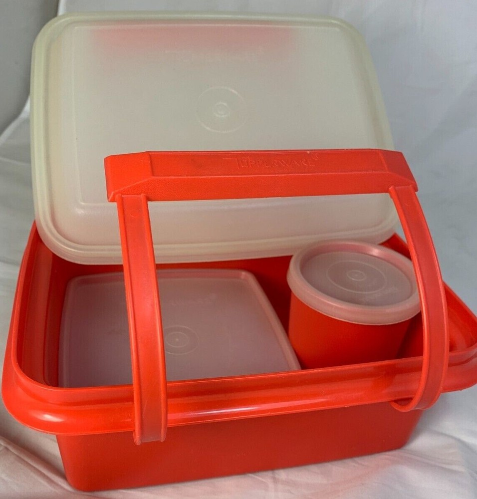 Vintage Red Tupperware Handled Lunch Box with sandwich