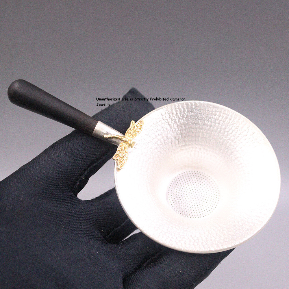 Solid S999 Fine Silver Tea Infuser Carved Dragonfly Mesh Tea Strainer 4.7inch