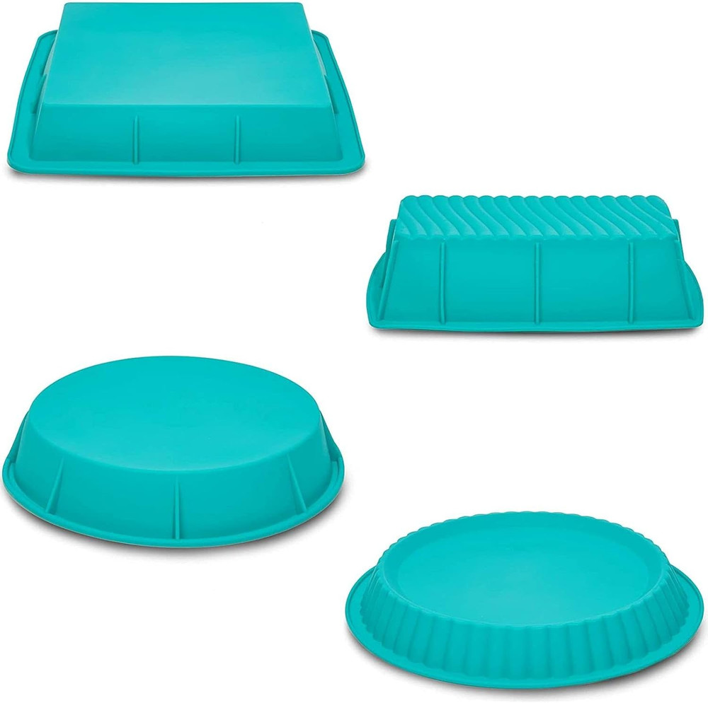 Silicone Baking Pans Set - 4-Piece Teal Set: Square, Rectangular, round Cake & P