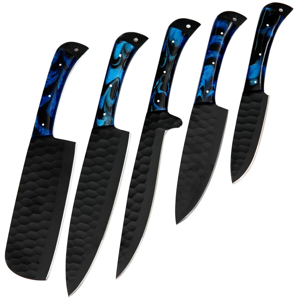 CUSTOM HANDMADE D2 HAMMERED PATTERN 5 PIECES CHEF SET WITH LEATHER CARRYING BAG