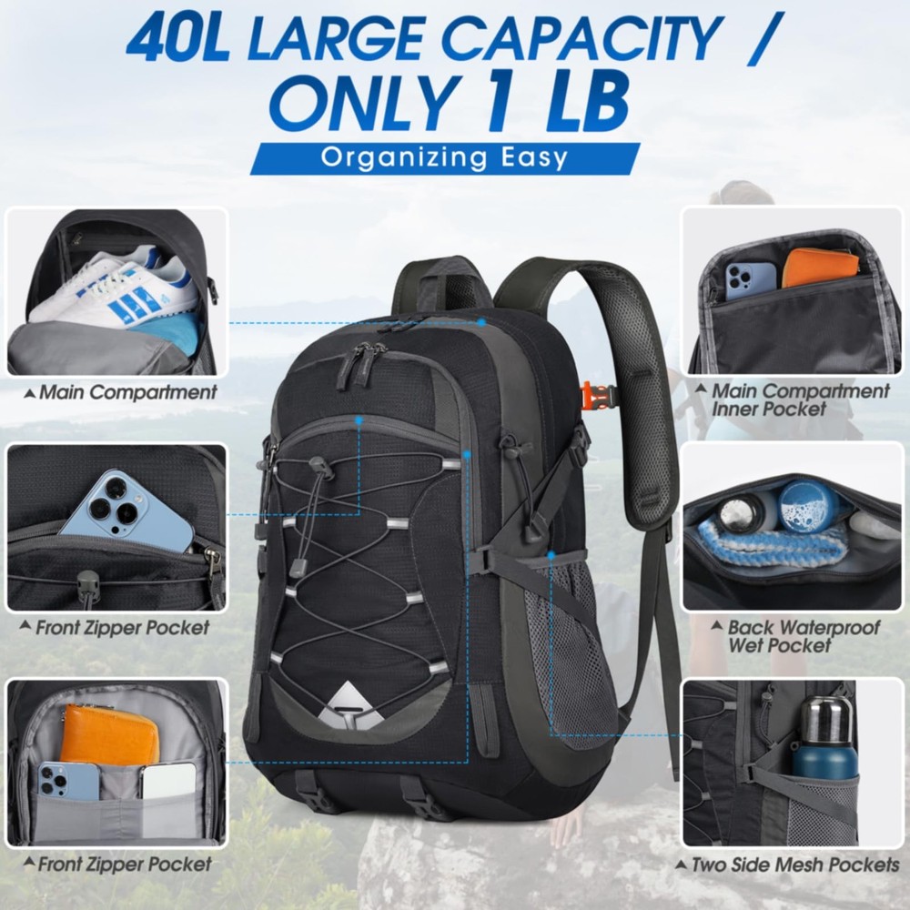 IGOLUMON Hiking Backpack 40L Packable Lightweight Camping 40L, Black