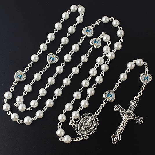 Catholic Town Glass Pearl Beads with Miraculous Epoxy Heart Metal Beads Rosary