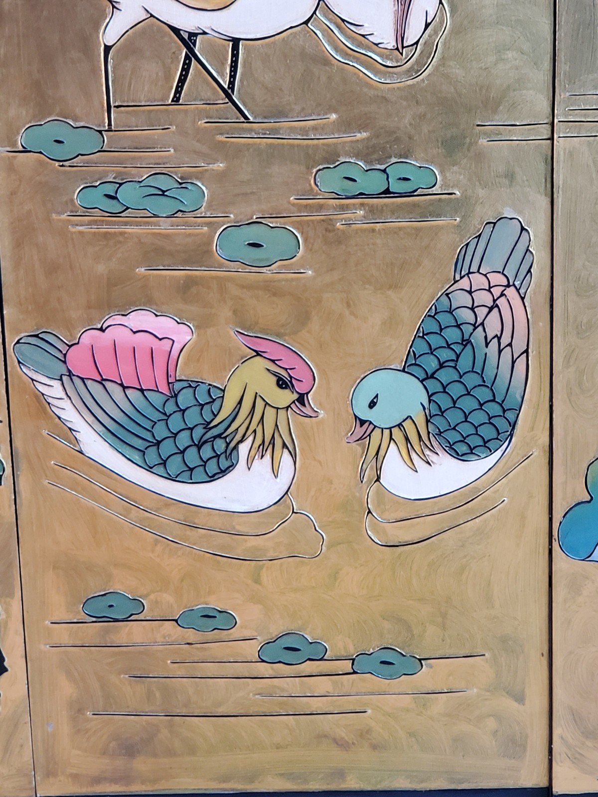 Gold Lacquered Chinese Screen 1960s Excellent Lotus Cranes Doves Flowers !