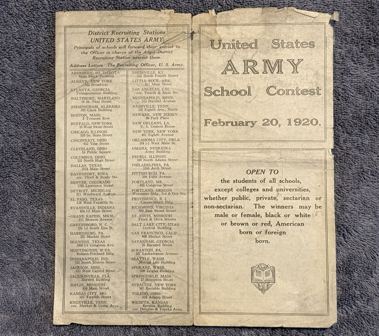 1920 U.S. Army School Contest Brochure — WWI Era Recruiting Ephemera, Rare!