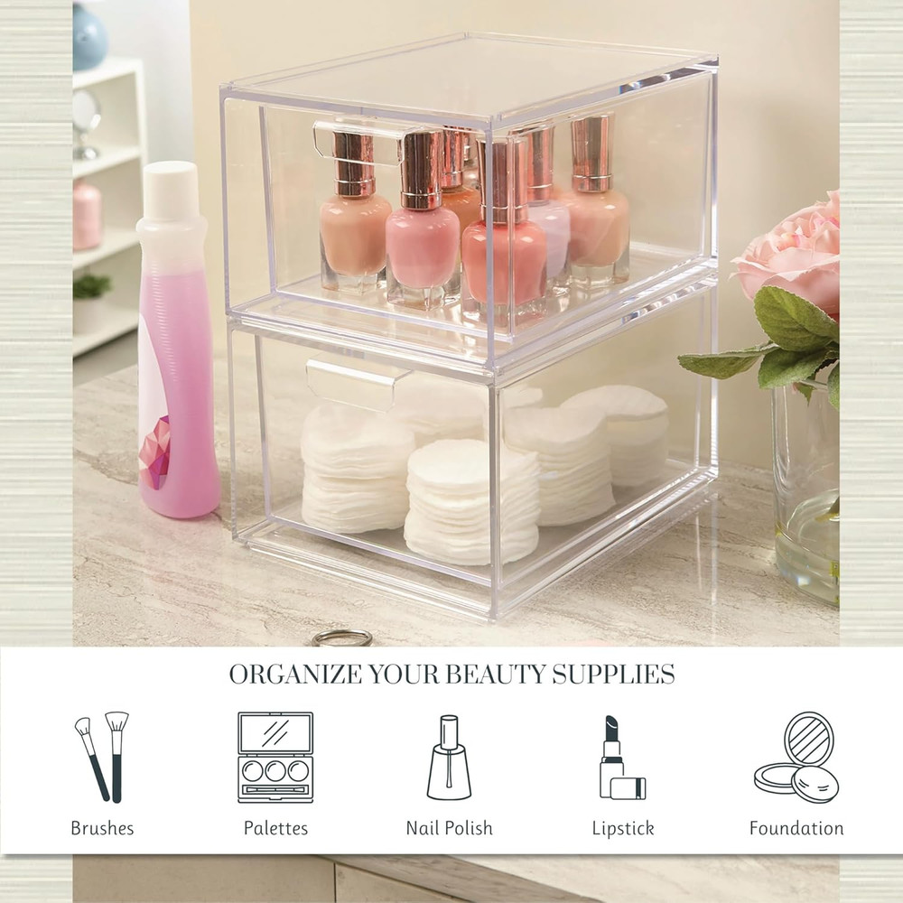 Audrey Stackable Clear Bin Plastic Organizer Drawers | 2 Piece Set | Organize Co