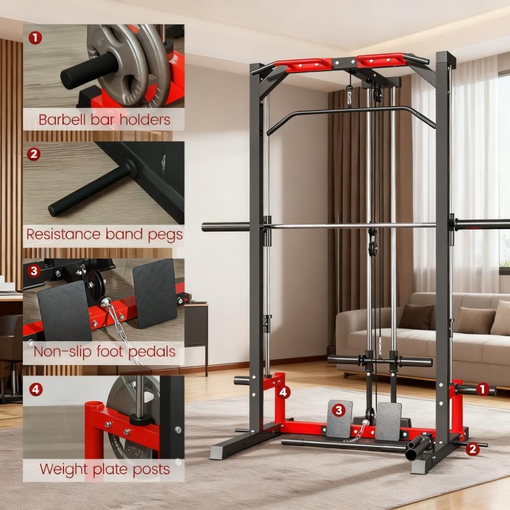 Power Cage Squat Rack w/ Lat Pulldown, Pull Up Bar, Landmine - 132lb Capacity