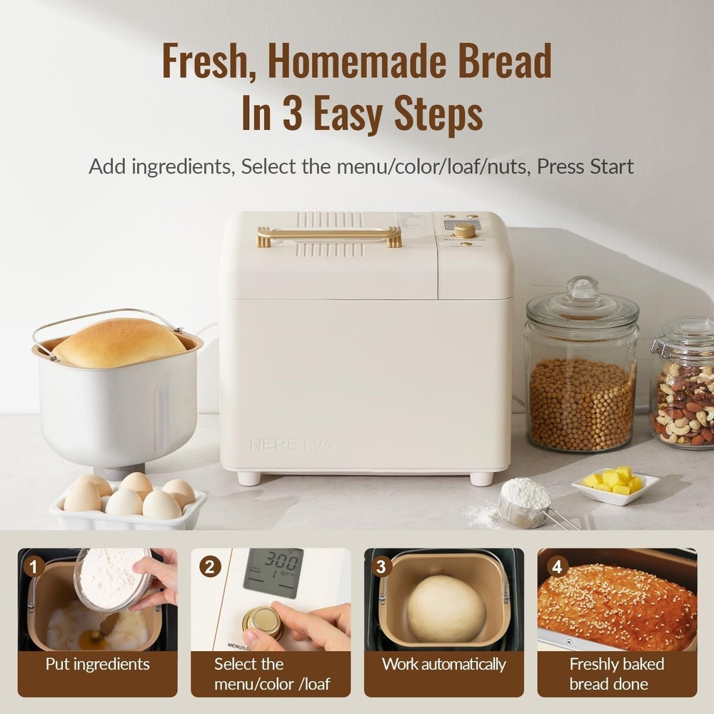 Neretva Bread Machine, 2.2LB 15-In-1 Bread Maker, Dual Heater Breadmaker Machine