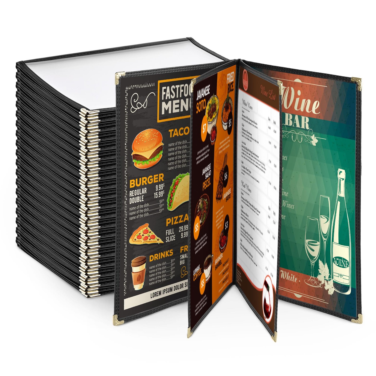 WeChef 30PCS Restaurant Cafe Menu Covers 8.5"x14" 4 Page 8 View Black Trim