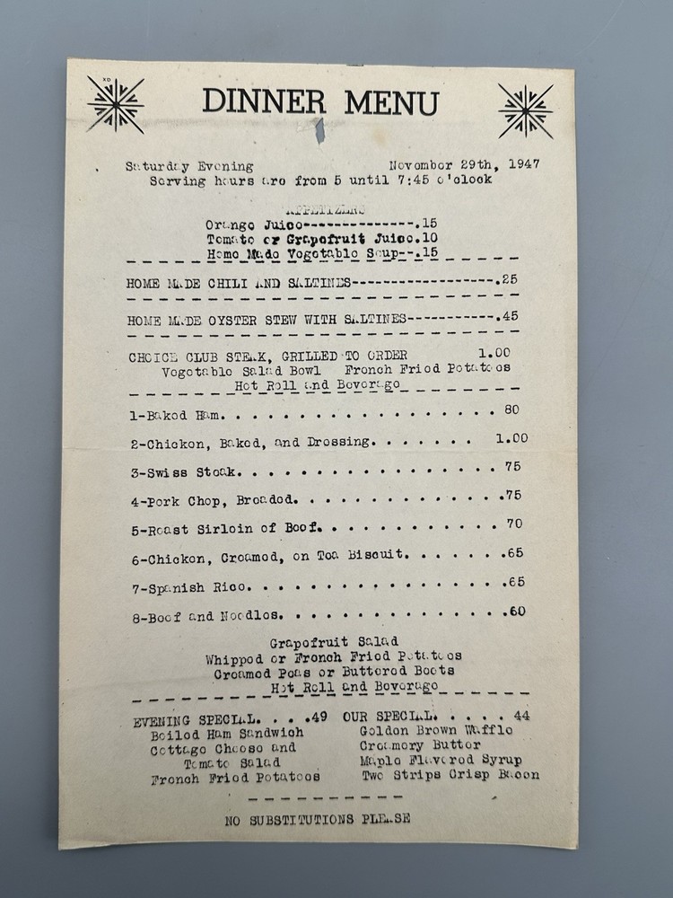 Vintage 1947 Restaurant Menu Unknown Location Dinner Menu Wartime Rationing!