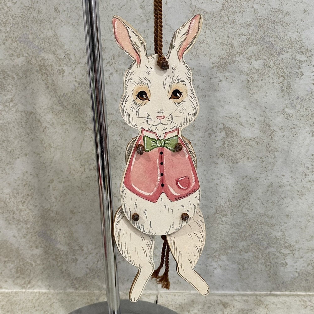 Vintage Paper Mounted on Wood Easter Rabbit Pull-String Toy Jumping Puppet 9” H