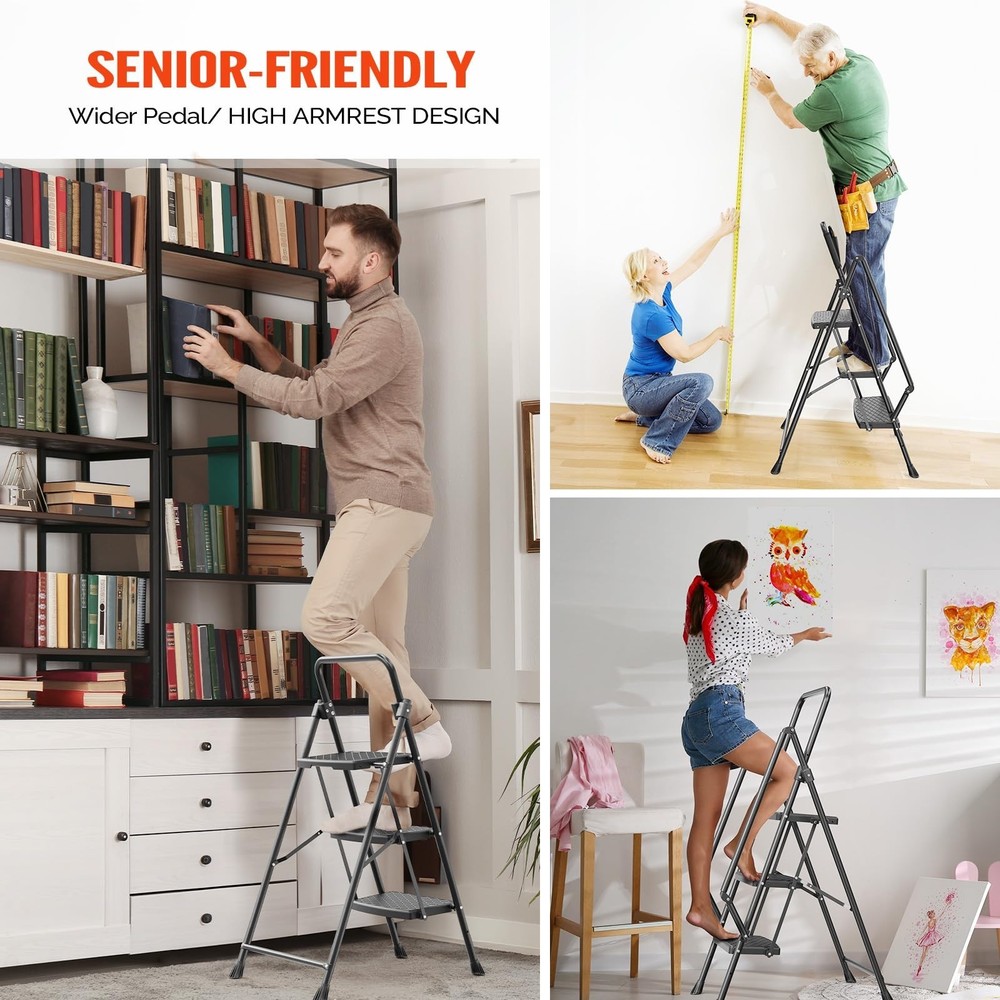 LUISLADDERS 3 Step Ladder with Handrails, Folding Step Stool with Widened Ant...