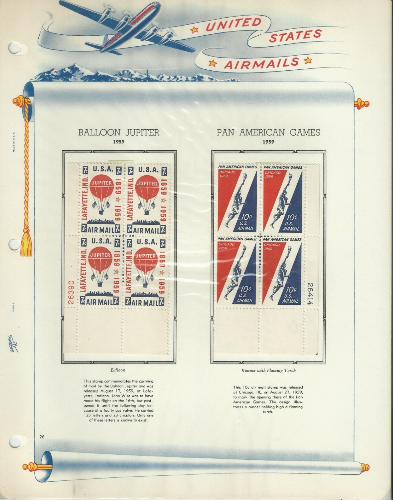 USA Stamps: Air Mail Plate Blocks & Singles on White Ace Album Pages. SCV $350+