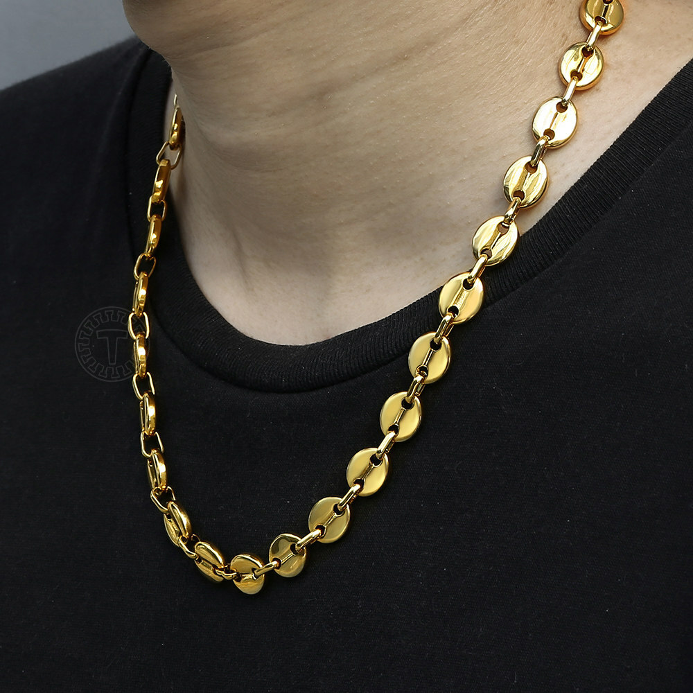 7/9/11mm Men Coffee Beans Marina Link Chain Necklace Gold Plated Stainless Steel