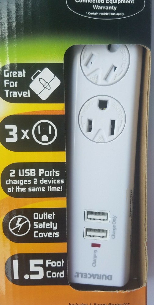 Duracell Surge Protector With 2 USB Charging Ports White