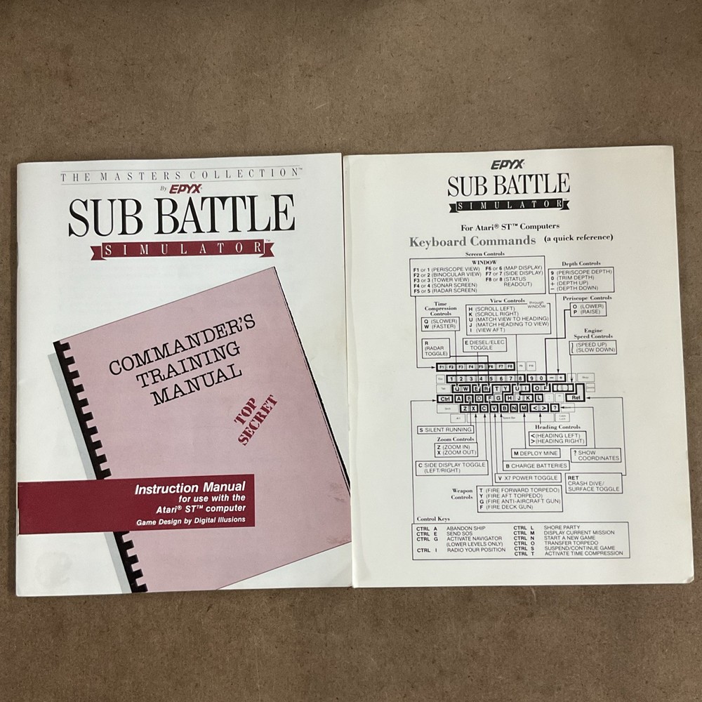 Sub Battle Simulator EPYX Instruction Manual And Keyboard Commands Atari ST