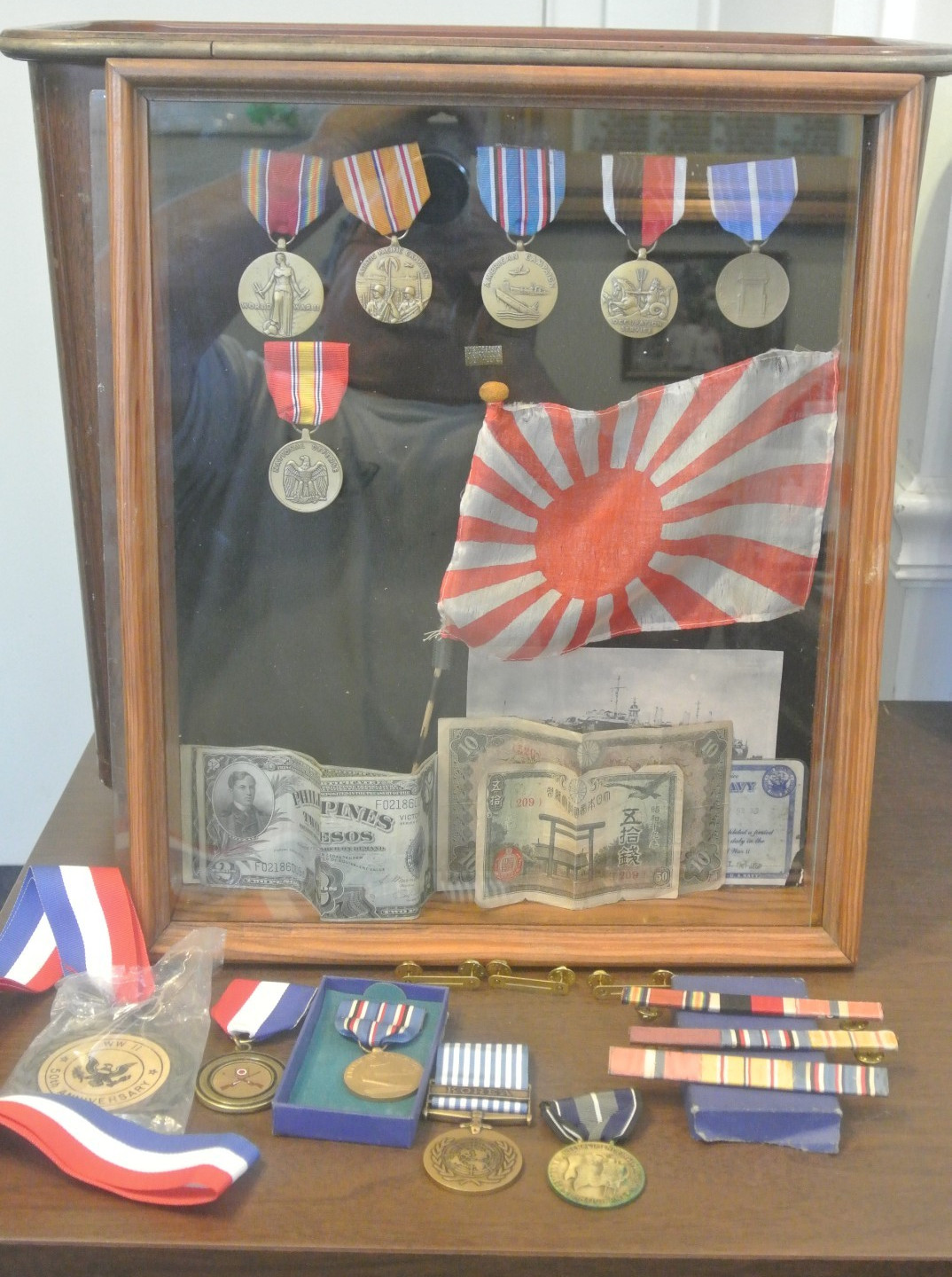 Vintage World War 2 Shadow Box US Navy Medals Ribbons Currency Flag USS Piedmont