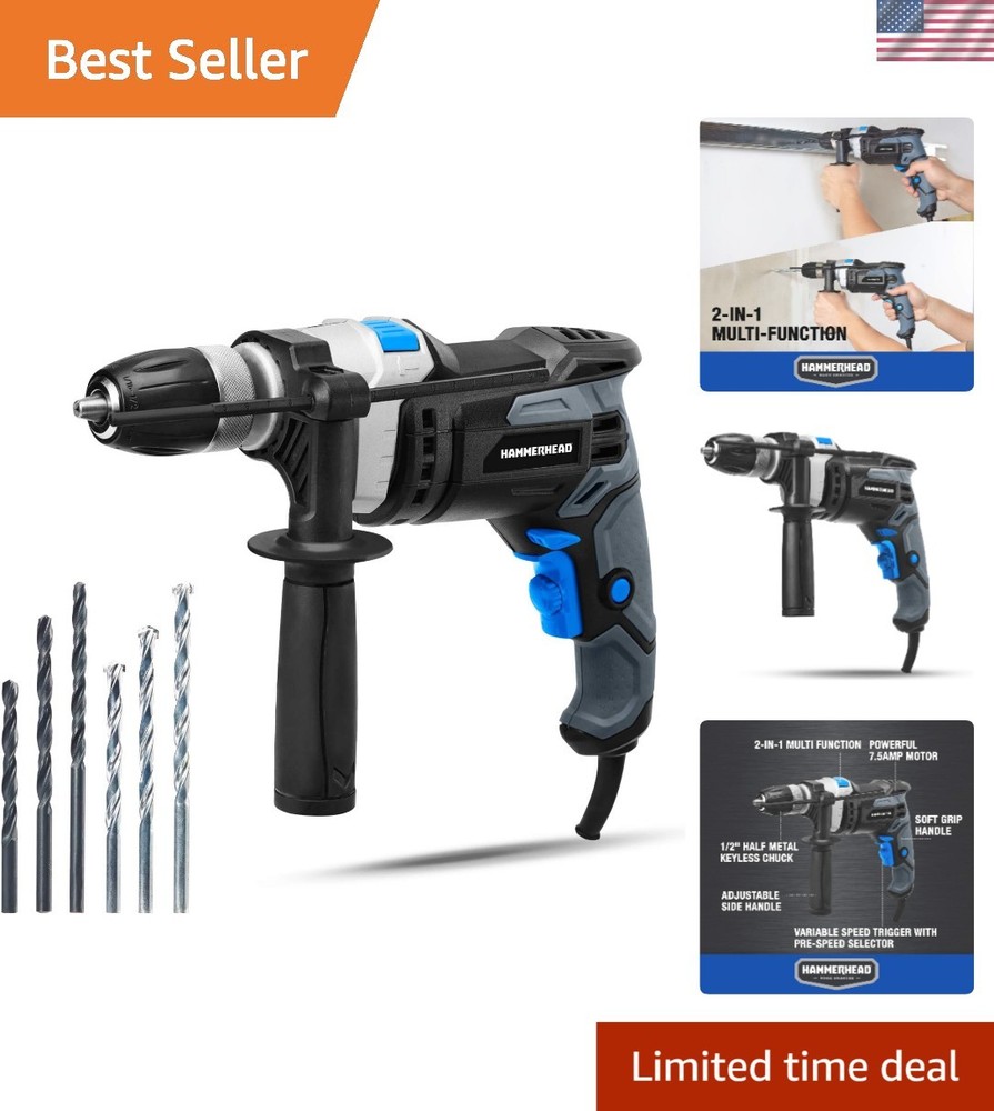 Powerful 1/2 Inch Electric Hammer Drill with Variable Speed & Bits Kit