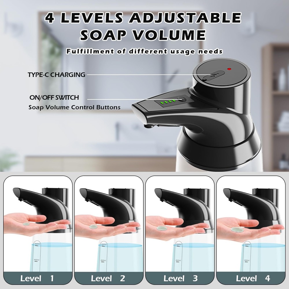 Summon The Elves Automatic Liquid Soap Dispenser Touchless,Black 4-Level Adju...