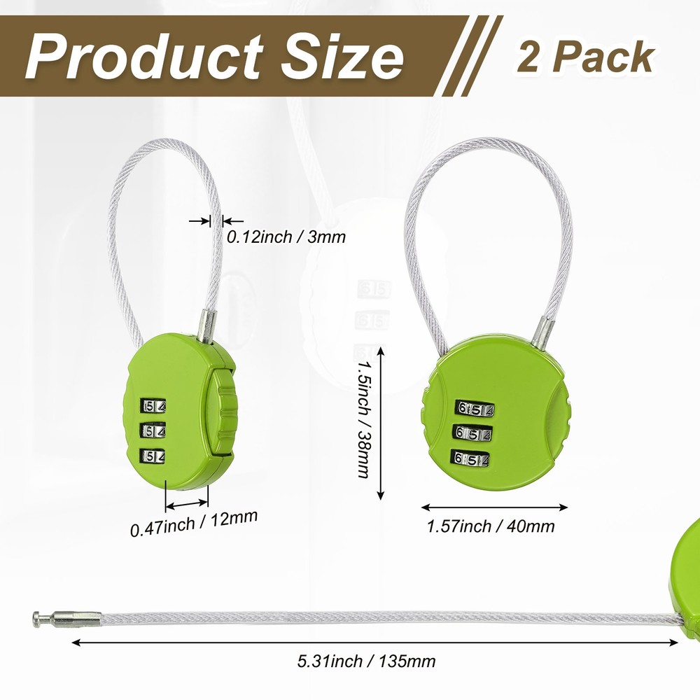 2-Pack Combination Padlock, 3 Digit Round Shaped Cable Luggage Lock [Green]