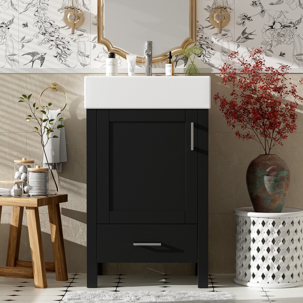 Black Modern Bathroom Vanity with Ceramic Sink, Solid Wood Frame，Storage Drawer