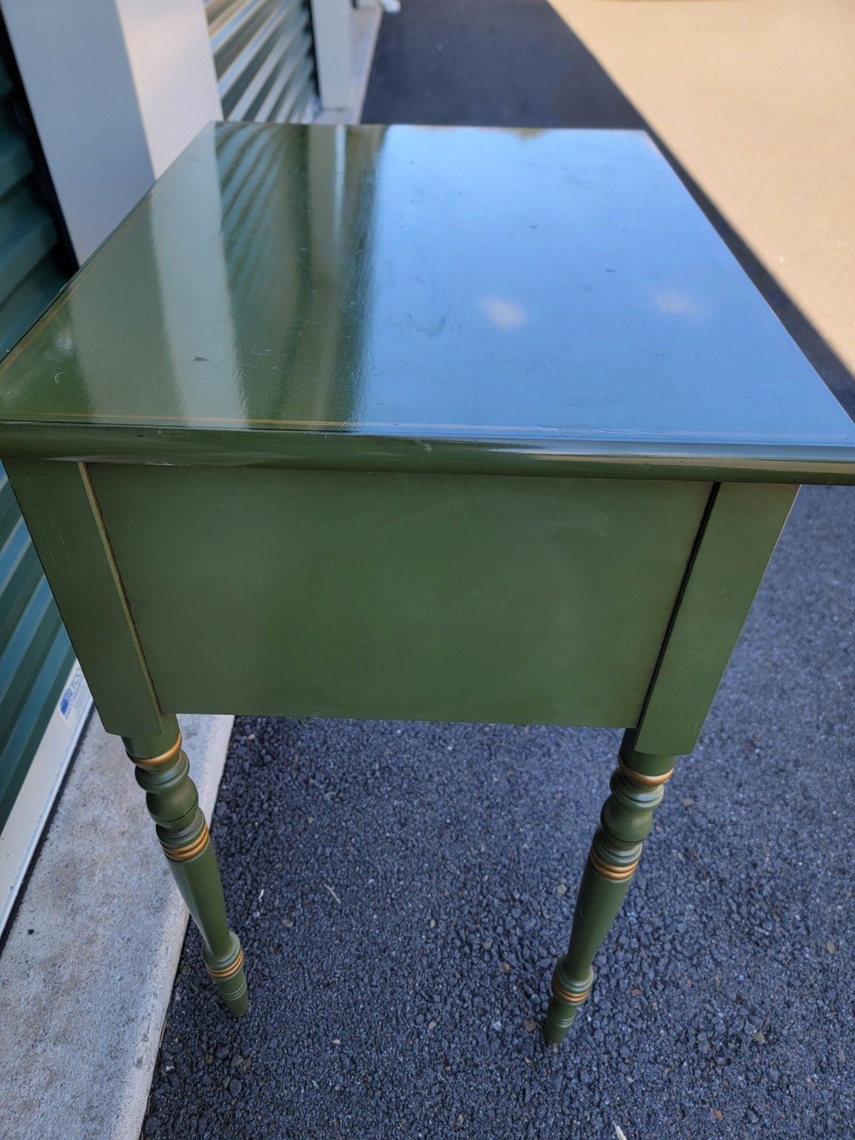 L. Hitchcock 2-drawer End/Side/Work Table Dark Green Stenciled drawers