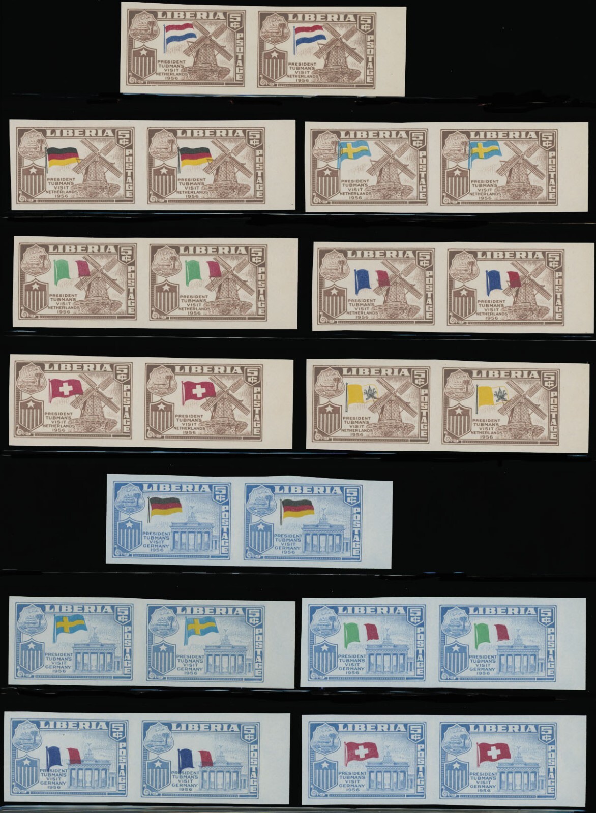 LIBERIA 1958 PRESIDENT'S VISITS 42 IMPERF PAIRS W/WRONG FLAGS SC#368-70, C114-17
