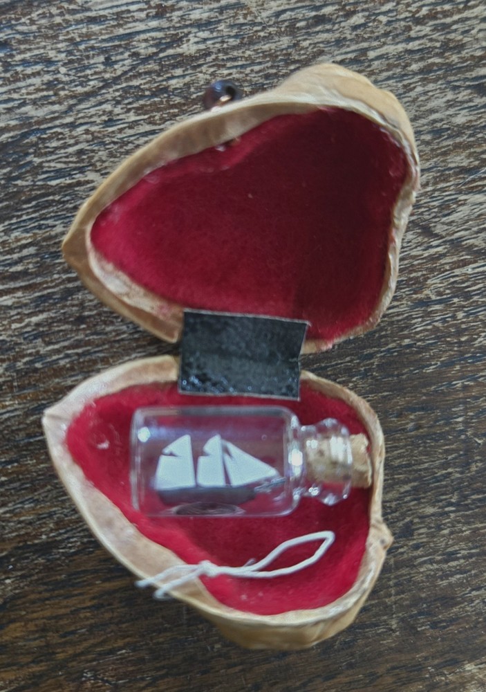 Tiny Laser Cut Ship In Bottle * In A Real Walnut Shell * Folk Art Whimsy  MINT! 